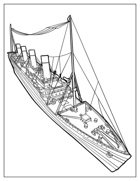 Il transatlantico Titanic è raffigurato con dettagli dello scafo e dei ponti.