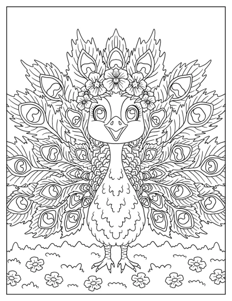 Ein lächelnder Pfau präsentiert sein aufgespreiztes Federkleid und trägt eine Blumenkrone.