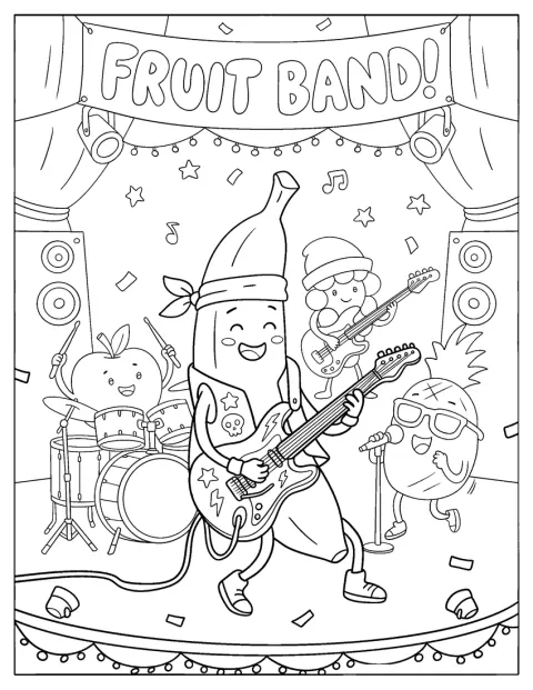 En banan spelar elgitarr i ett fruktband.