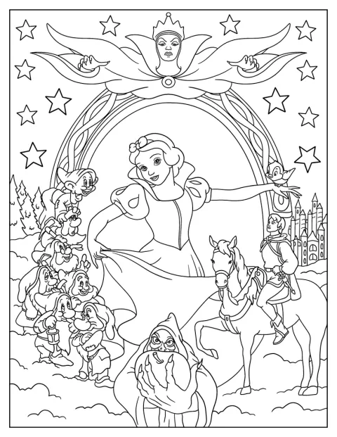 Blancanieves está rodeada por los enanitos, el príncipe y la Reina Malvada.