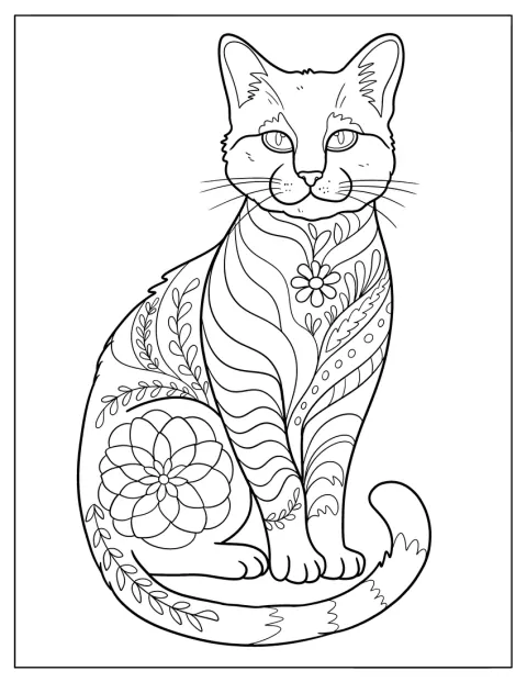 Un gatto è decorato con volute e motivi di petali.
