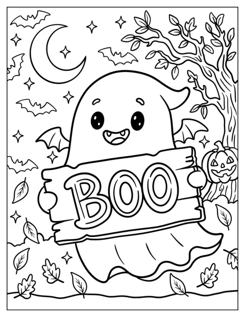 A vámpírszellem egy „BOO” feliratú táblát tart.