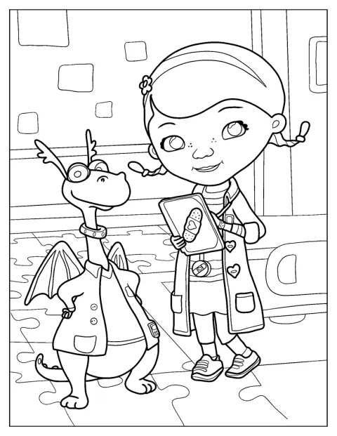 No hospital de brinquedos, Doc McStuffins está ao lado de Stuffy.