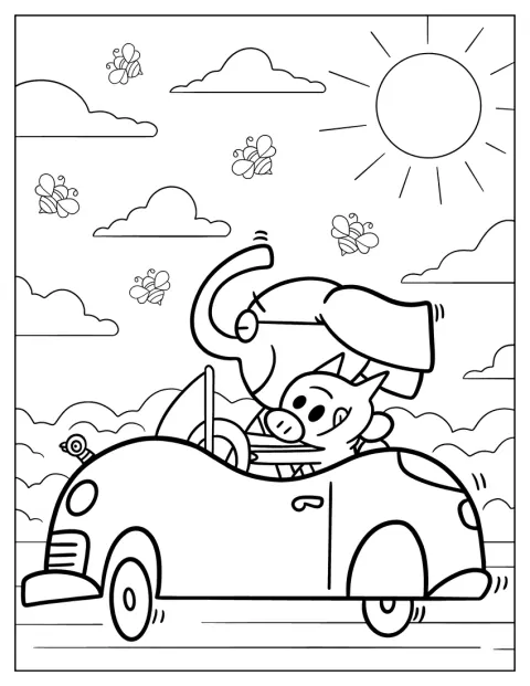 Gerald e Piggie viaggiano in auto in una giornata di sole.
