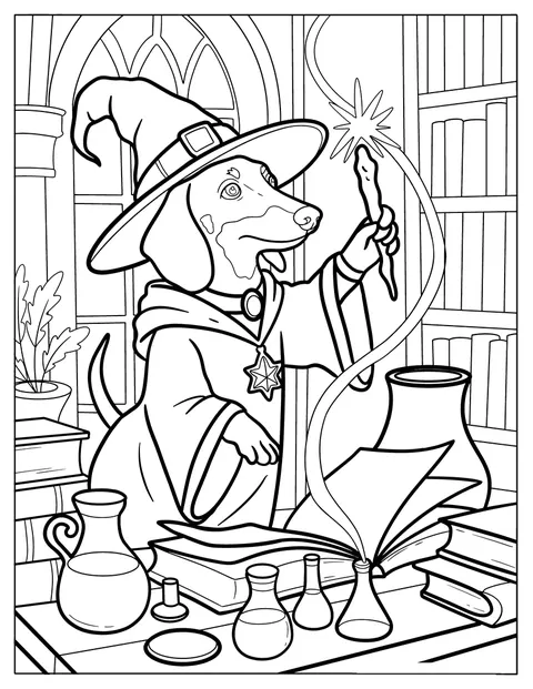 Dans une bibliothèque magique, un teckel sorcier lance un sort près de livres et de potions.