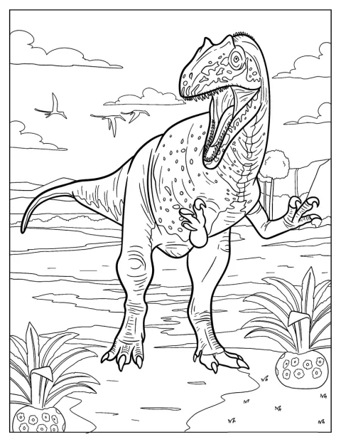 En realistisk Allosaurus ryter med gapet vidöppet.