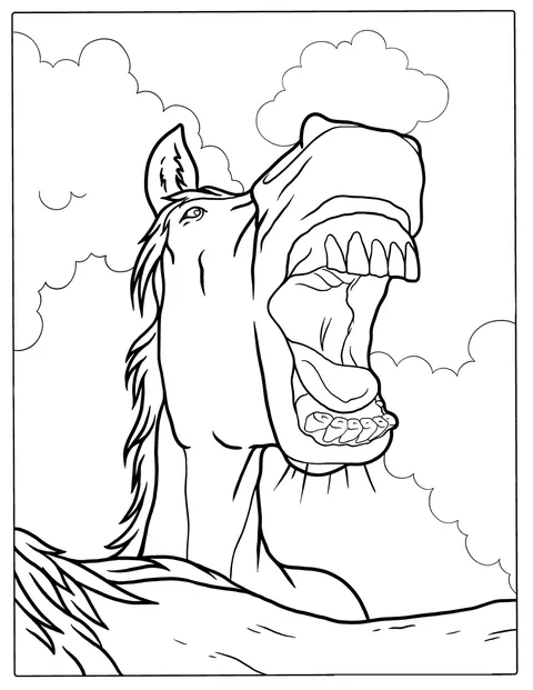 Un cheval comique retrousse ses lèvres et montre toutes ses dents.