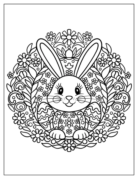 Easter Mandala Coloring Page of Bunny and Egg Wreath Mandala