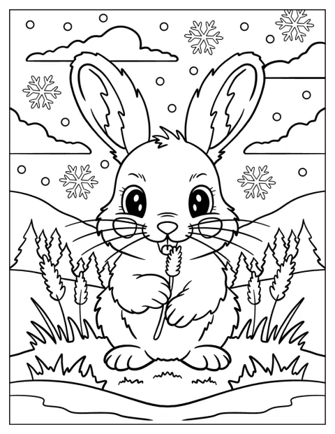 En söt fjällhare håller i gräs på en snötäckt äng.