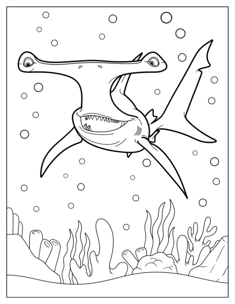 Ein großer Hammerhai schwimmt als Cartoon durch das Meer.