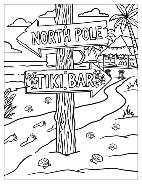 Un indicator pentru un bar tiki de la Polul Nord stă pe o plajă însorită.
