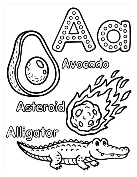 Przy literze A widać aligatora, asteroidę i awokado.