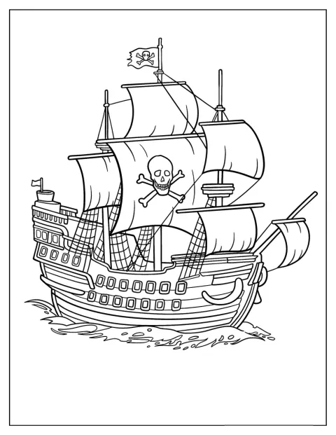 Pirátská loď pluje s vlajkou s lebkou na hlavní plachtě.