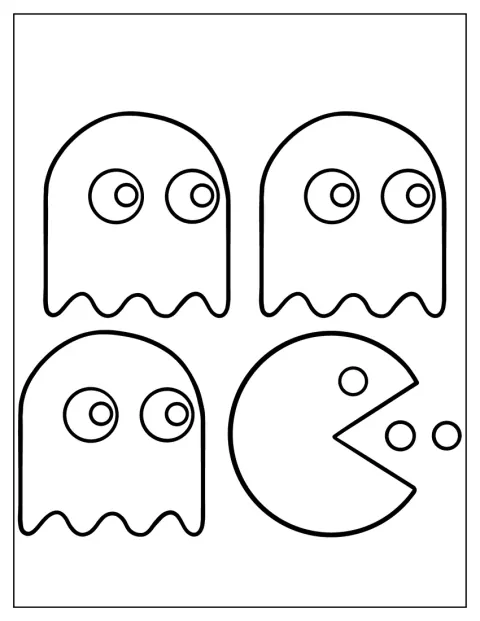 Simple Ghosts And Pac-Man Coloring Page Eating Dots