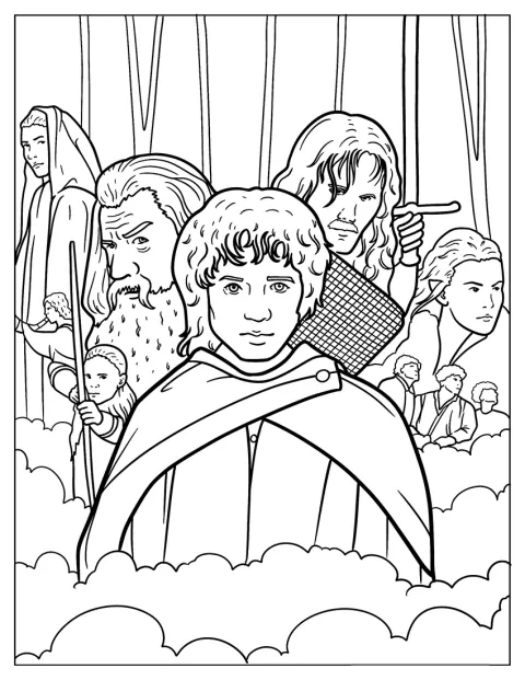 Frodo, Gandalf, Boromir e os companheiros reúnem-se numa cena de aventura.