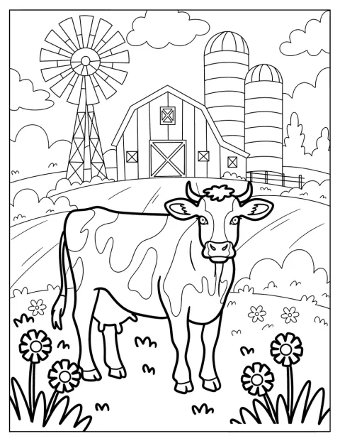 Uma vaca está no campo, com um celeiro, um silo e um moinho ao fundo.