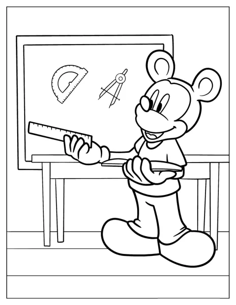 Mickey Mouse houdt meetgereedschap vast terwijl hij lesgeeft.