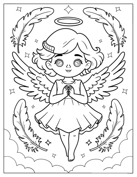 Uma criança-anjo com asas está rodeada por estrelas e nuvens.