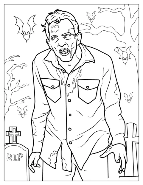 Un zombi de aspecto realista muestra su rostro y sus ropas desgastadas.