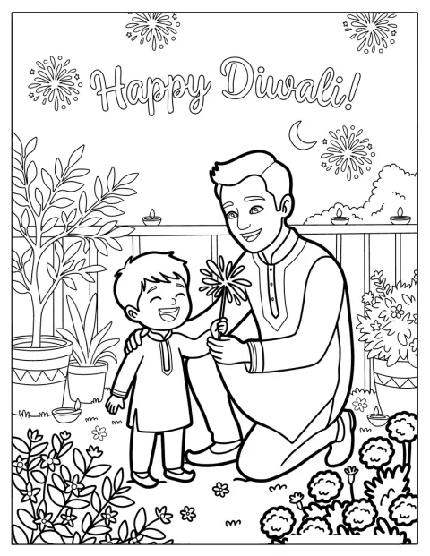 En far og et barn holder et stjerneskudd under Diwali.