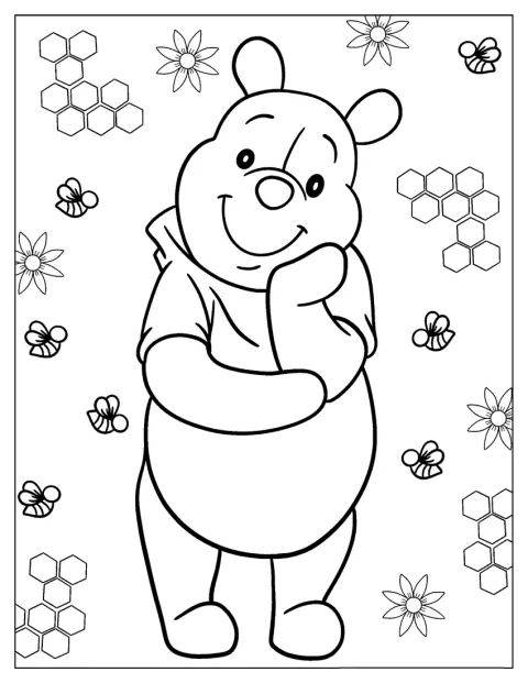 Winnie the Pooh está rodeado de abelhas e de um pote de mel.