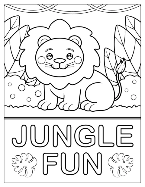 Ett tecknat lejon sitter i djungeln under texten Jungle Fun.