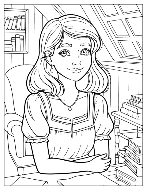 Uma jovem com roupa bonita está sentada diante de uma secretária com livros.