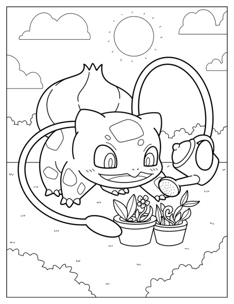 En el jardín, Bulbasaur riega unas flores.