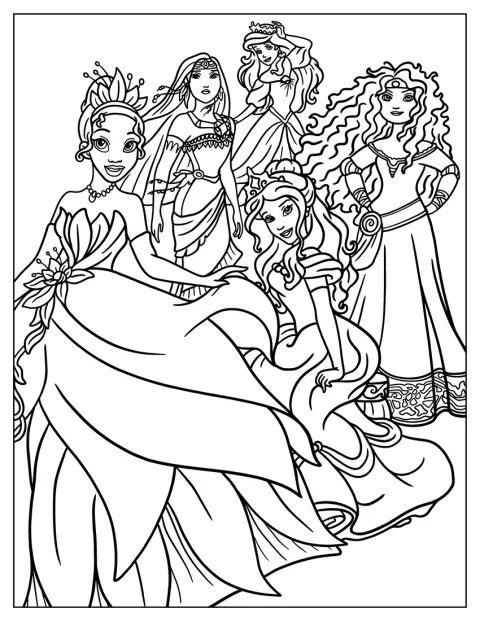 Ariel, Pocahontas, Tiana, Bela e Mérida aparecem juntas em pose de grupo.