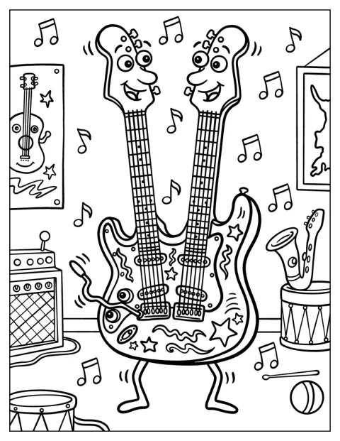 En gitar med to halser er omgitt av musikknoter.