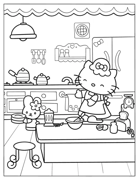 Hello Kitty a její kamarád společně pečou v kuchyni.