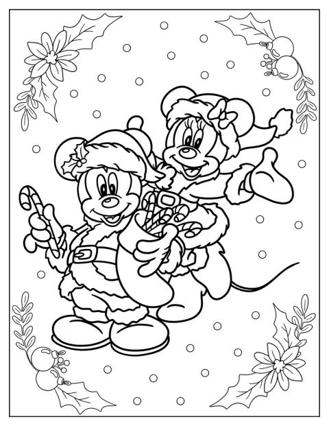 Mickey e Minnie, vestiti da Babbo Natale, tengono in mano bastoncini di zucchero.