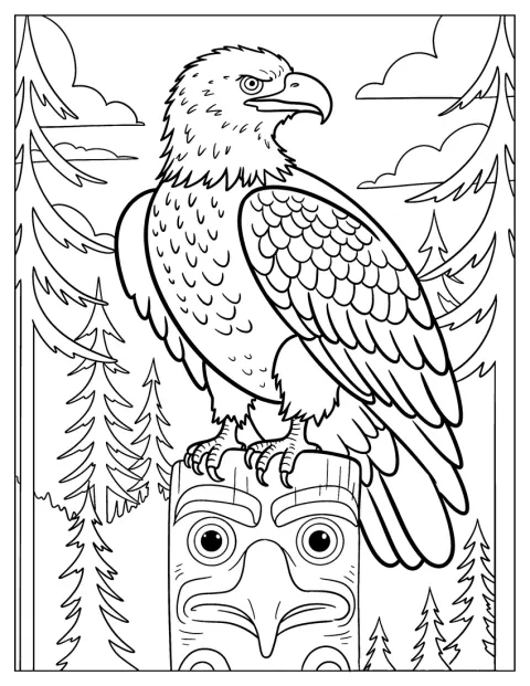 Ein wachsamer Weißkopfseeadler sitzt auf einem geschnitzten Tiki-Totem.