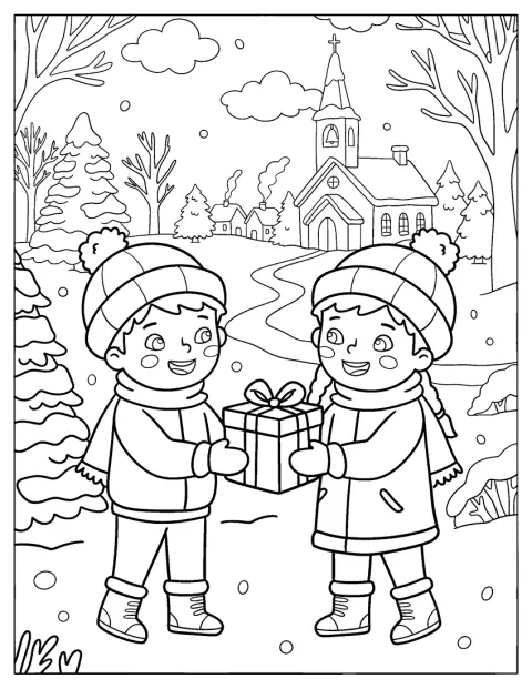 Un băiat îi dăruiește unei fete un cadou de Crăciun.