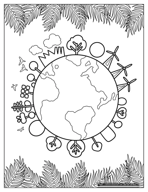 La Terre est entourée d’arbres, d’éoliennes et de panneaux solaires.