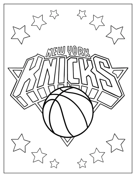 Logo-ul New York Knicks, cu o minge de baschet, ocupă centrul imaginii.