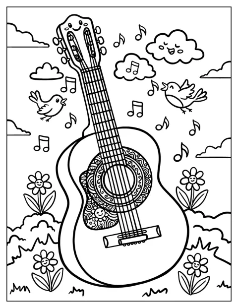 En akustisk gitarr står bland blommor i en trädgård.