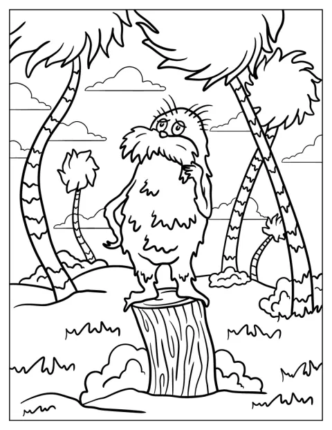 Lorax stă în picioare pe un buștean, în mijlocul naturii.