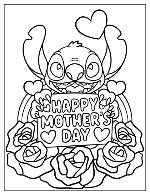 Stitch drží nad hlavou nápis s přáním ke Dni matek.