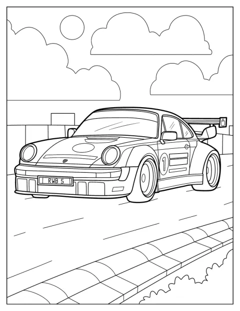 Une Porsche 930 roule sur une route.