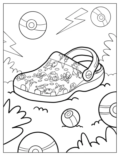 Crocs decorați cu personaje Pokémon se află pe iarbă.