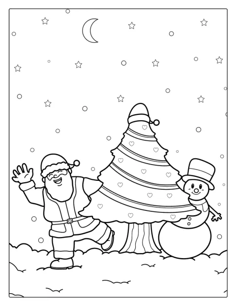 Tomten och en snögubbe står tillsammans vid en julgran.