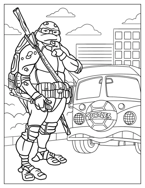 Donatello står foran skildpaddebilen.
