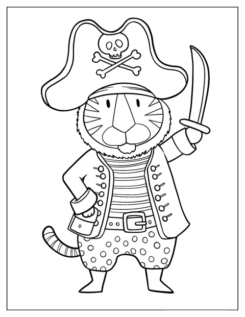 Un adorable tigre déguisé en pirate pose avec son costume.