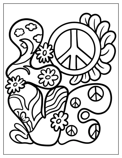 Blumen und ein Friedenszeichen verzieren das Wort „Love“.