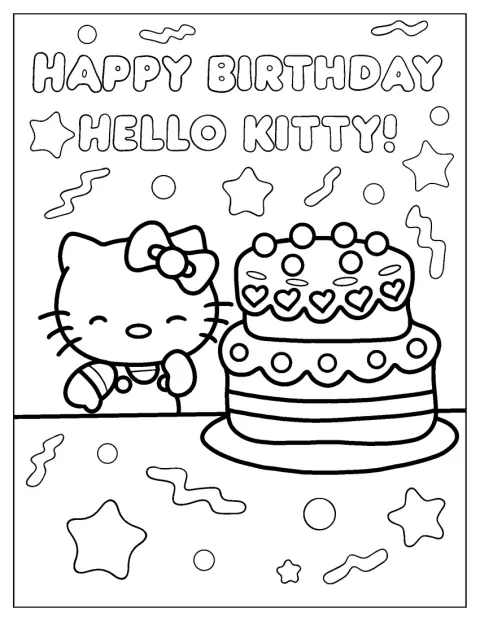 Hello Kitty firar sin födelsedag bredvid en tårta.