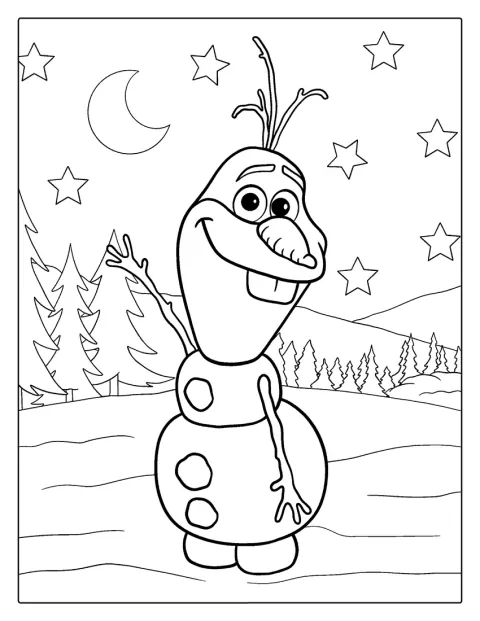 Ve sněhu Olaf vesele mává.