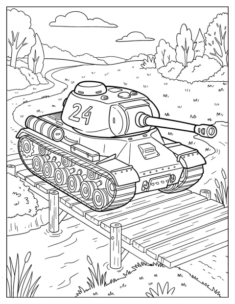 Un tanque militar cruza un puente de madera.
