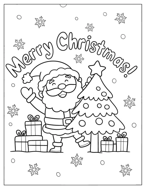 Le Père Noël accroche des décorations à un sapin de Noël.