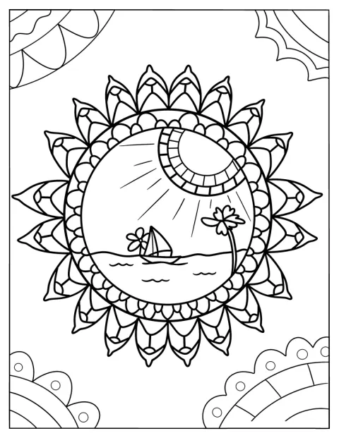 En detaljeret mandala samler motiver fra en sommerdag ved stranden.
